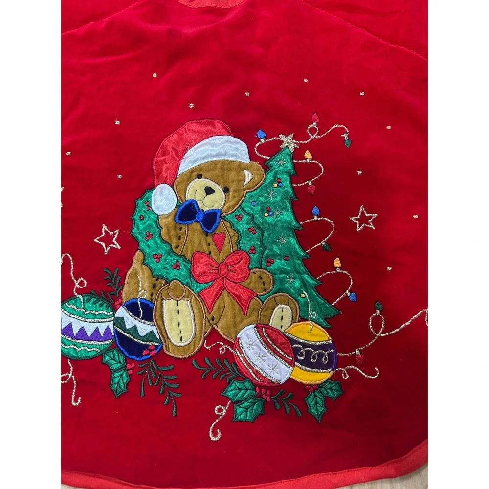 VTG Tree Skirt 44in Red Velvet Teddy Bear Embroidered Holiday Traditional Kitsch